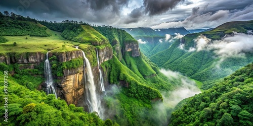 Lush green landscape in Cherrapunji, India with cascading waterfalls and misty clouds , India, Cherrapunjee, Northeast India