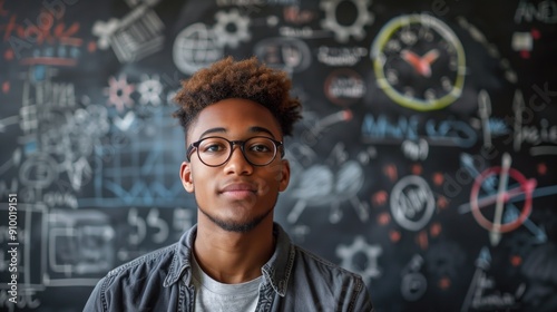 Thoughtful young man with glasses standing in front of a blackboard filled with complex equations. Concepts of education, intellect, and academic focus.