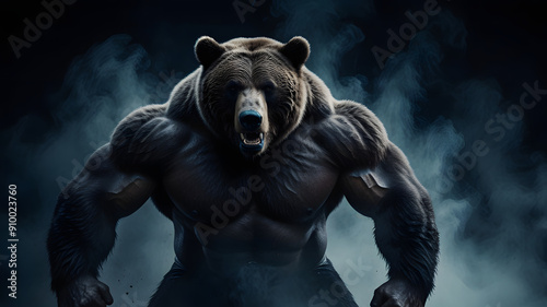 Muscular Angry wild bear bodybuilder Dark blue smoky background