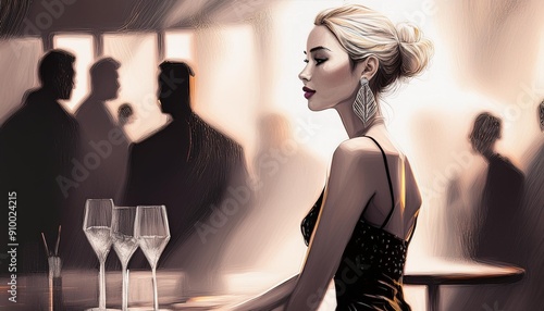 Jolie femme blonde avec cheveux en chignon glamour et élégante dans un bar lounge feutré avec des gens en arrière plan