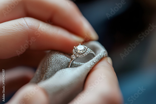 Jeweller Cleaning Diamond Ring with Fabric Cloth