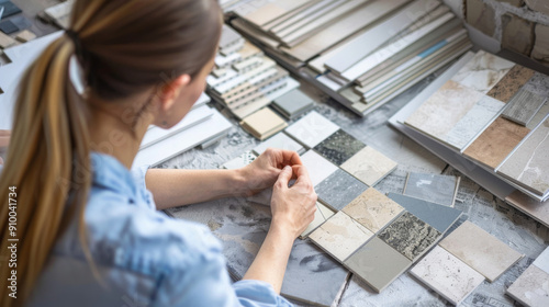 A designer selecting and arranging various tile samples on a table, immersed in the creative process of interior decorating.