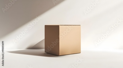 Cardboard box, minimalist product photography, clean white background, soft natural lighting, sharp shadow casting, simple composition, neutral tones, texture of cardboard visible.