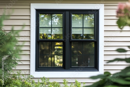 Black Single Hung Window With White Frame in a House With Vinyl Siding