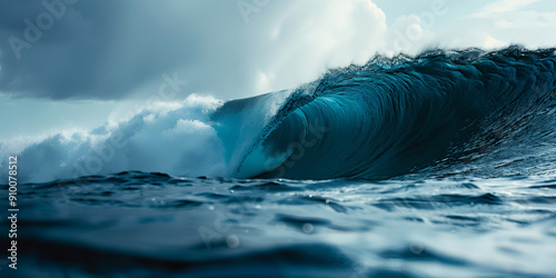  A blue wave in the ocean with a large tube forming