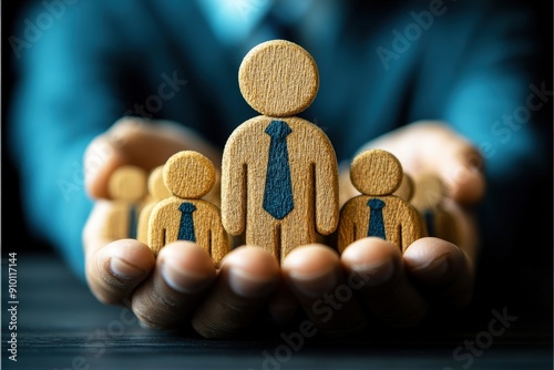 Protecting and Nurturing: A symbolic image of leadership and teamwork, with a businessman's hands cradling a group of miniature wooden figures, each representing a vital member of the team. 