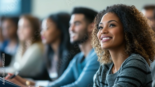 A diverse group of adults in a continuing education class learning new business skills with a professional instructor leading the session the participants' engagement and the modern classroom setting