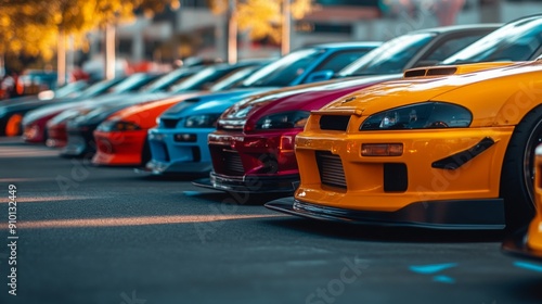 A lineup of vibrant sports cars in various colors parked in a lot, basking in the warm afternoon sunlight during a local car meet.