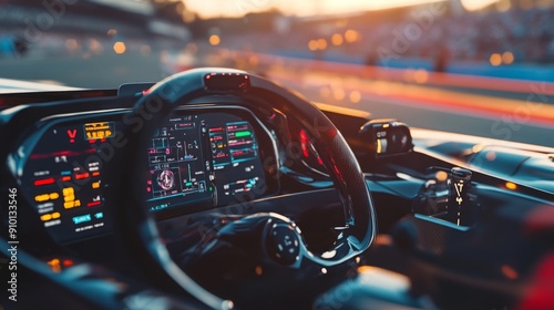 The cockpit of a racing car features a high-tech dashboard, illuminated by colorful lights, capturing the excitement of competition as the sun sets in the background.