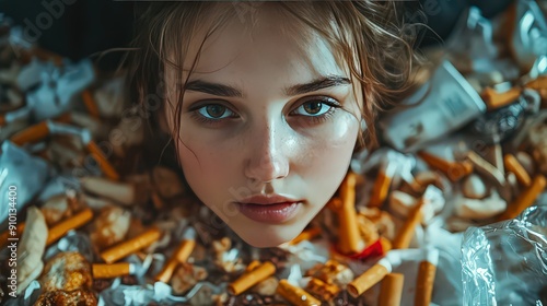 close-up of a person surrounded by indulgent items like junk food, cigarettes, or alcohol, depicting a sense of excess and self-destruction.