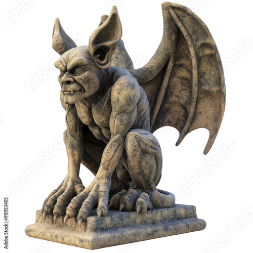 A large statue of a gargoyle with a menacing look on its face, 3D illustration, Halloween, Clipart, 3d render, isolate on a transparent background.