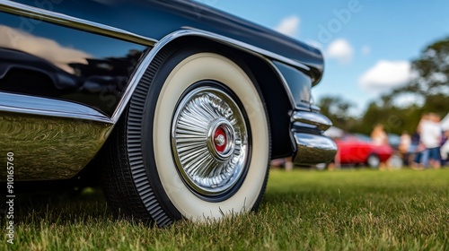 A vintage automobile showcases its elegant whitewall tires on a grassy field during an outdoor summer auto show, with spectators admiring nearby classic cars under a clear blue sky.