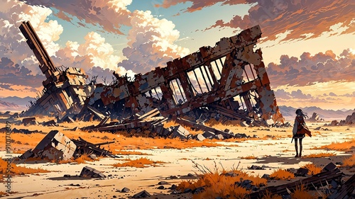 postapocalyptic wasteland desolate landscape with ruin flat anime