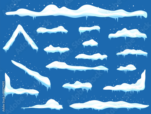 Snow caps. Cartoon snowdrifts. Different shapes with icicles. Winter frame decorations. Snowy roof. Cold season effect. Icy heaps. Distribution by form. White frozen elements vector set