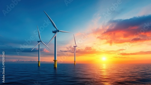 Offshore wind turbines at sunrise, renewable energy scene