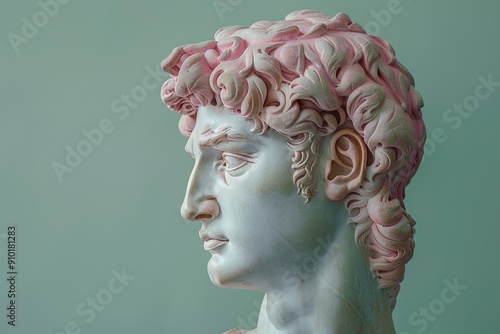 A close-up view of a marble sculpture showcases intricate details with soft pink highlights, set against a muted backdrop in an art museum