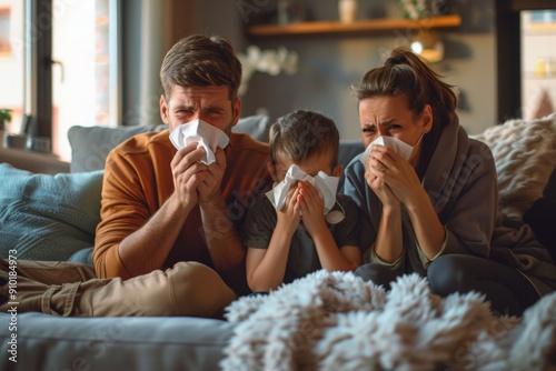 Family of three sitting on a couch, all sneezing and holding tissues, suggesting a cold or allergy season.