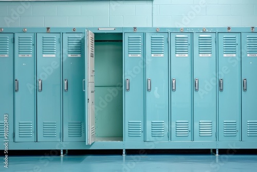 Blue gym lockers with one door open, empty storage