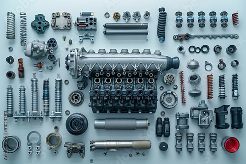 One car engine surrounded by disassembled car engine parts and details. Layout ai generated photography related to maintenance, repair, support, car diagnostics. 