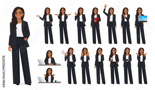 Big set of Indian beautiful business woman wearing black suit in different poses. Various gestures female character standing and sitting at the desk isolated vector illustration