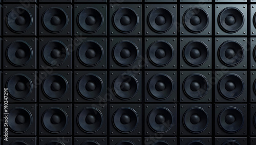 A wall of black speakers arranged in a grid, perfect for showcasing music production, sound design, or audio technology themes.