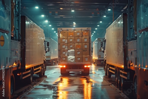 A rear view of a truck loaded with boxes, illuminated by soft warehouse lights, creating a moody atmosphere.