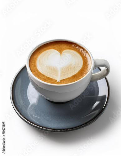 Hot latte coffee in ceramic cup isolated on white background. Heart pattern latte art