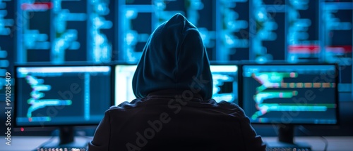 Lawbreaker hacking into system, digital crime, focused and intense, cybercrime