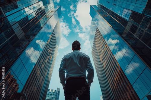 Powerful businessman looks up at the sky from between skyscrapers. Business themed concept image.