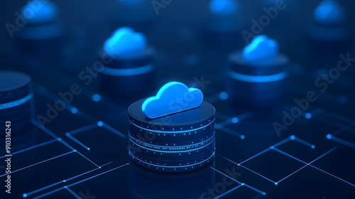 Illustration of cloud computing technology with glowing blue cloud icons on digital servers. Futuristic data storage and internet concept.