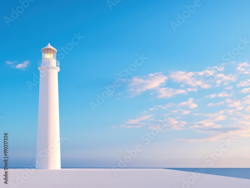 Serene lighthouse illuminated by morning light over tranquil ocean waves