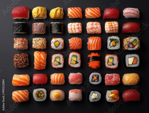 A black table covered with various types of sushi