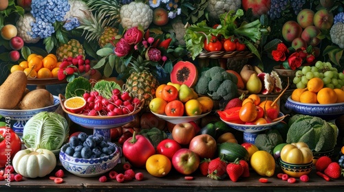 A colorful assortment of fruits and vegetables are displayed on a table. The table is covered with bowls of various sizes, each containing a different type of fruit or vegetable