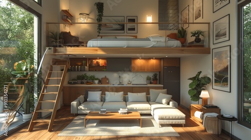 Modern tiny house interior with mezzanine bedroom illuminated by sunlight