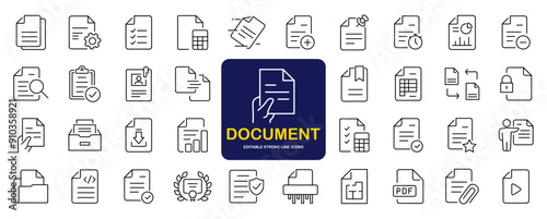 Document set of web icons in line style. Documents linear icon collection. Containing contract papers, folder, certificate, accept, approved, clipboard, invoice, archive and more. Editable stroke