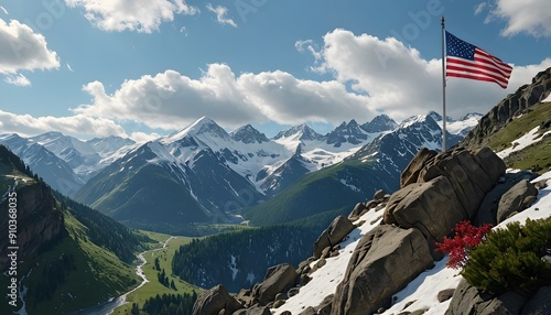 American Flag Flying Proudly Over Majestic Mountain Range