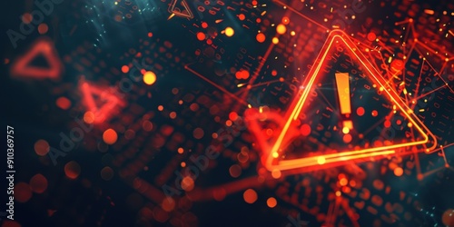 A red exclamation mark on a digital screen background An abstract concept of security and cyber attack is depicted with a red triangle frame icon of a broken or attacked computer network Generative AI