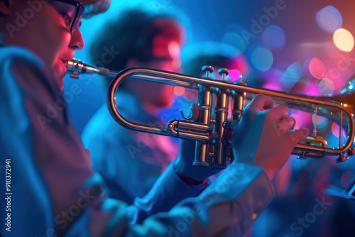 A trumpet player performs on stage with a blurred band in the background. Colorful lights illuminate the scene.