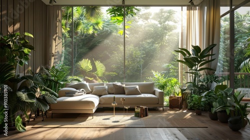 Sala de estar inspirado na natureza, com sofÃ¡ claro, muita entrada de luz e plantas para completar a decoraÃ§Ã£o.