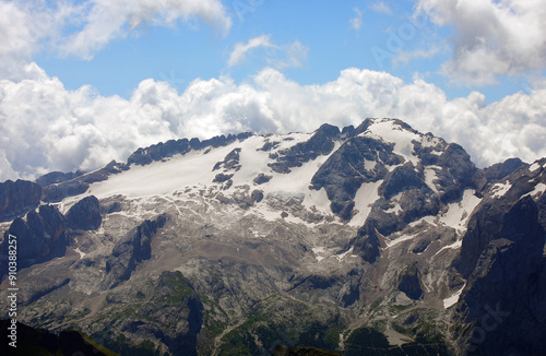 MARMOLADA glacier in the Italian Dolomites which unfortunately is melting due to climate change seen from the European Alps without people