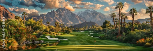 golf course with mountains in background -