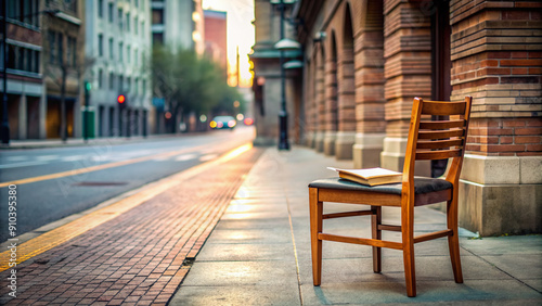 A deserted city street corner with a stack of evangelical pamphlets and a vacant chair, awaiting a messenger to spread the Christian message.