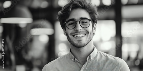 A person with glasses smiling in a black and white photo