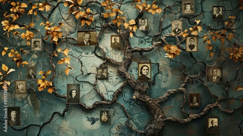 generations connected woman honoring ancestors with family tree of old photographs ai generated illustration