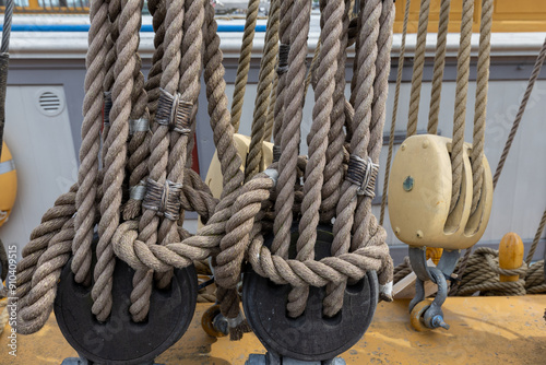 Rope and pulleys on tall ship rigging