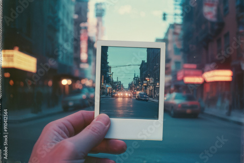  hand proudly displays a freshly taken Polaroid photo against a bustling street scene backdrop, evoking a sense of nostalgia and wonder. generative AI