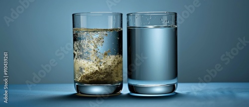 Two glasses, one with clean water and the other with contaminated water. Generative ai