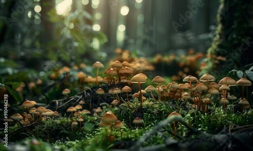 Forest floor macro, intricate details, tiny mushrooms, nature's microcosm