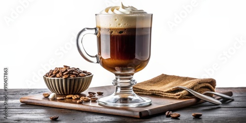 Irish Coffee with Whipped Cream, Coffee Beans, and Wooden Cutting Board, irish coffee, coffee drink, dessert , coffee beans