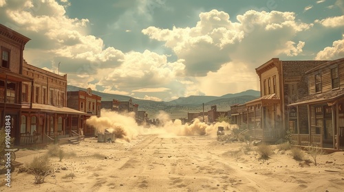 Dusty old west town faces fierce sandstorm under dramatic sky